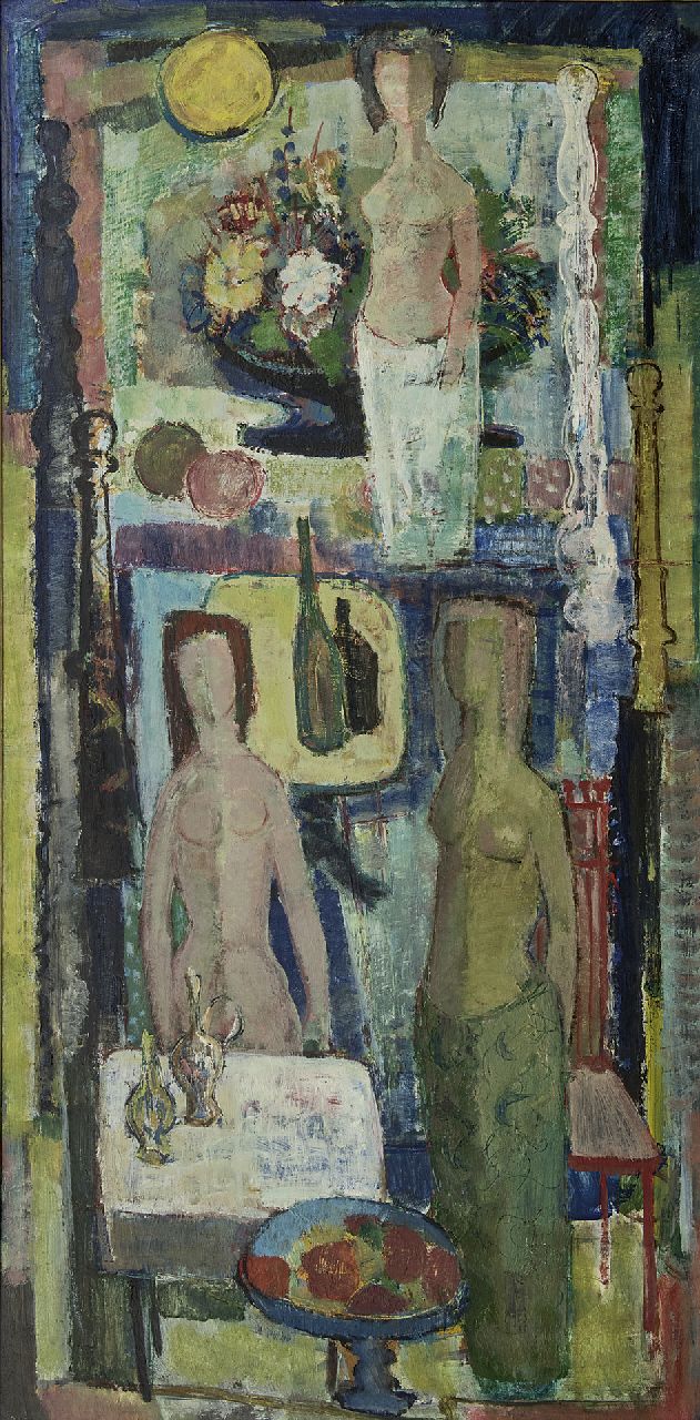 Rien Goené | Interieur met figuren, olieverf op schildersboard, 122,1 x 60,8 cm, gesigneerd verso