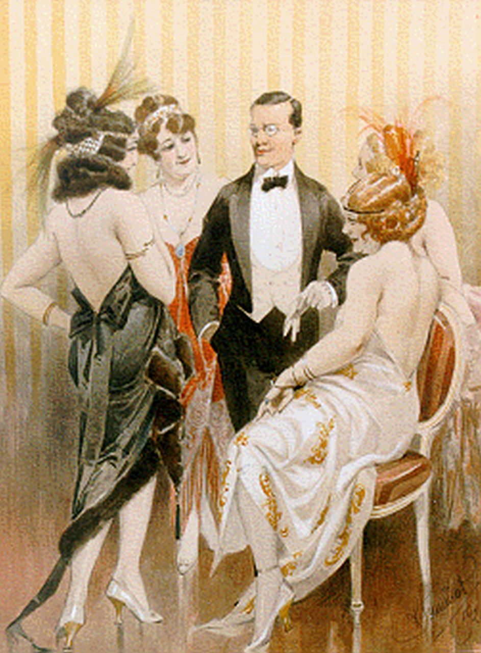 Simunek C.  | Carl Simunek, Le raconteur, aquarel op papier 32,0 x 24,5 cm, gesigneerd rechtsonder en gedateerd 1921