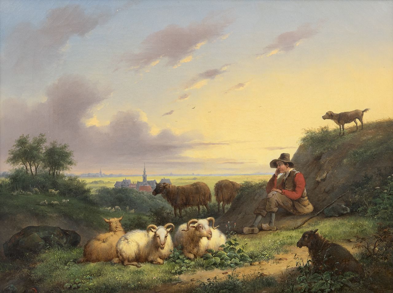 Berg S. van den | Simon van den Berg | Schilderijen te koop aangeboden | Herder met schapen in Hollands landschap, olieverf op doek 42,2 x 56,1 cm, gesigneerd linksonder 'S.v.d.Bergh' en te dateren ca. 1838