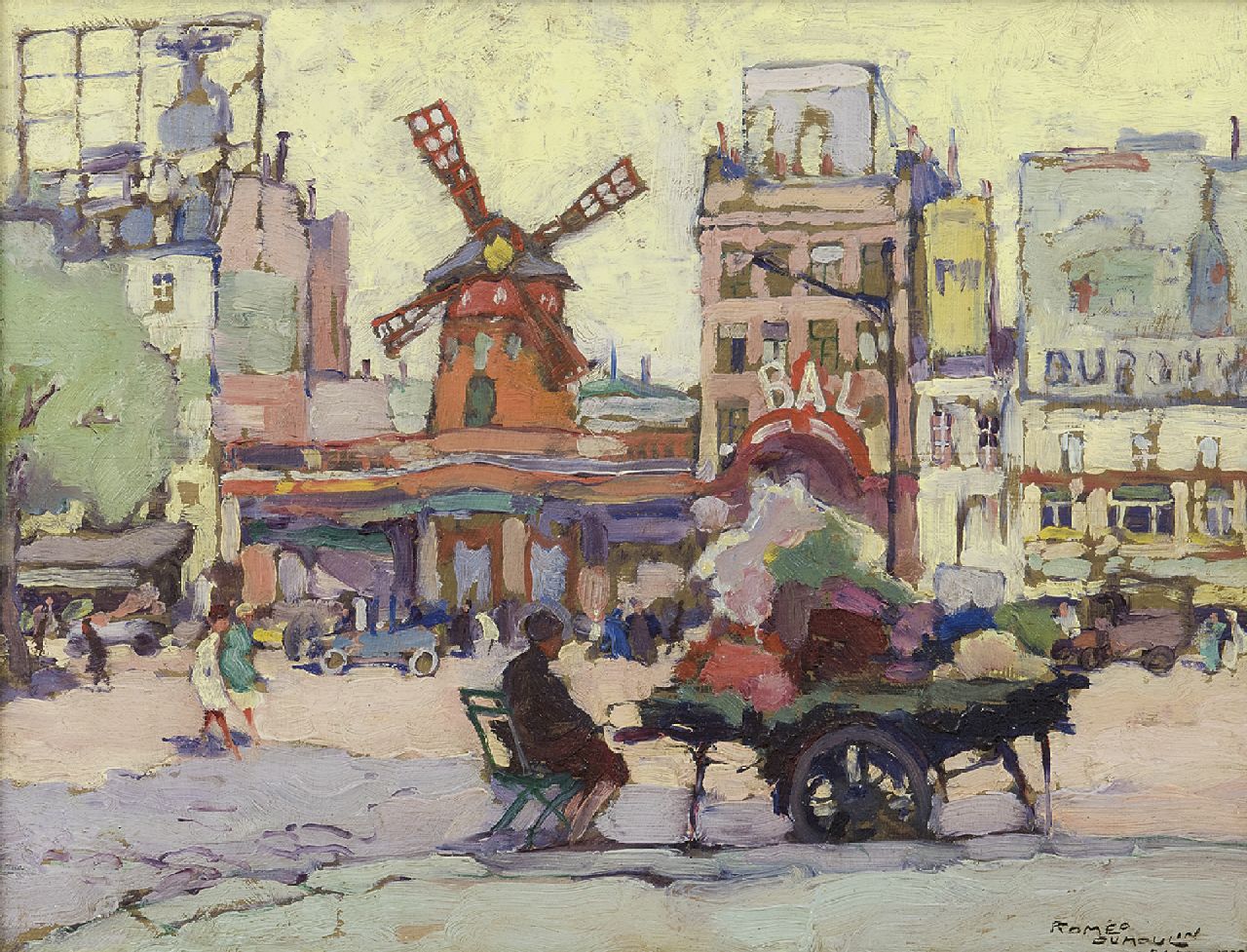 Dumoulin R.  | Roméo Dumoulin, Place Blanche met de Moulin Rouge, Parijs, olieverf op paneel 26,9 x 34,8 cm, gesigneerd rechtsonder en gedateerd 'Paris' 1927