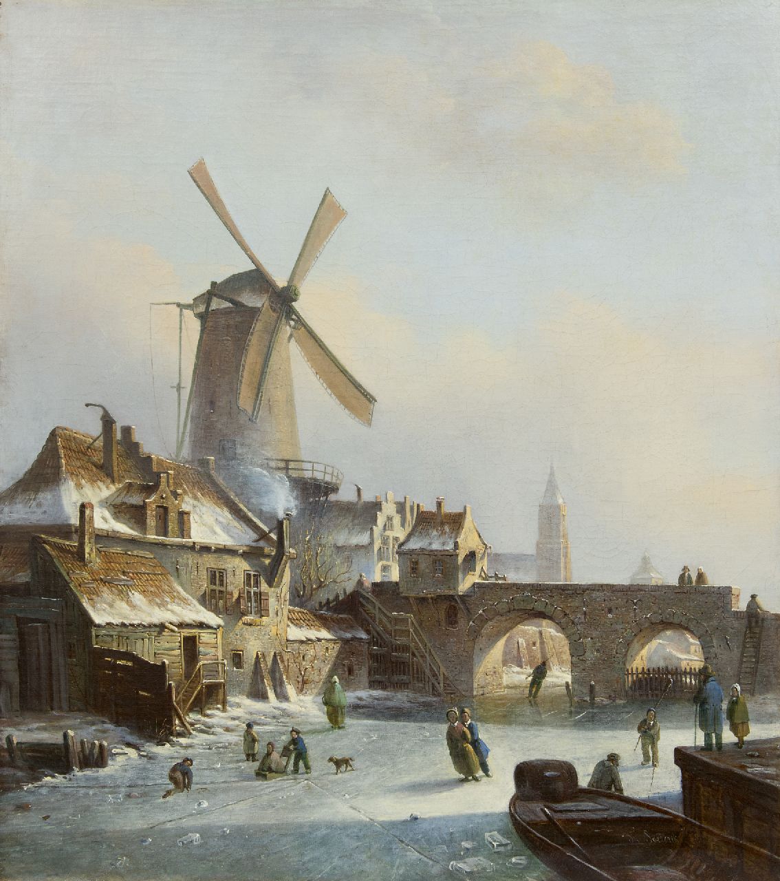 Soeterik T.  | Theodoor Soeterik, Schaatsers op een bevroren buitengracht bij een molen, olieverf op doek 67,0 x 59,7 cm, gesigneerd rechtsonder
