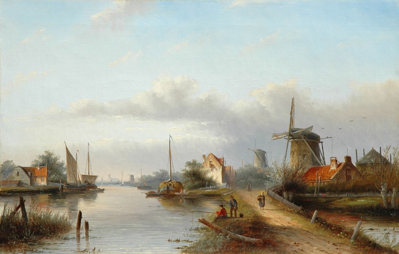 Spohler J.J.C.  | Jacob Jan Coenraad Spohler, Zomers riviergezicht in Holland, olieverf op doek 42,8 x 66,4 cm, gesigneerd linksonder