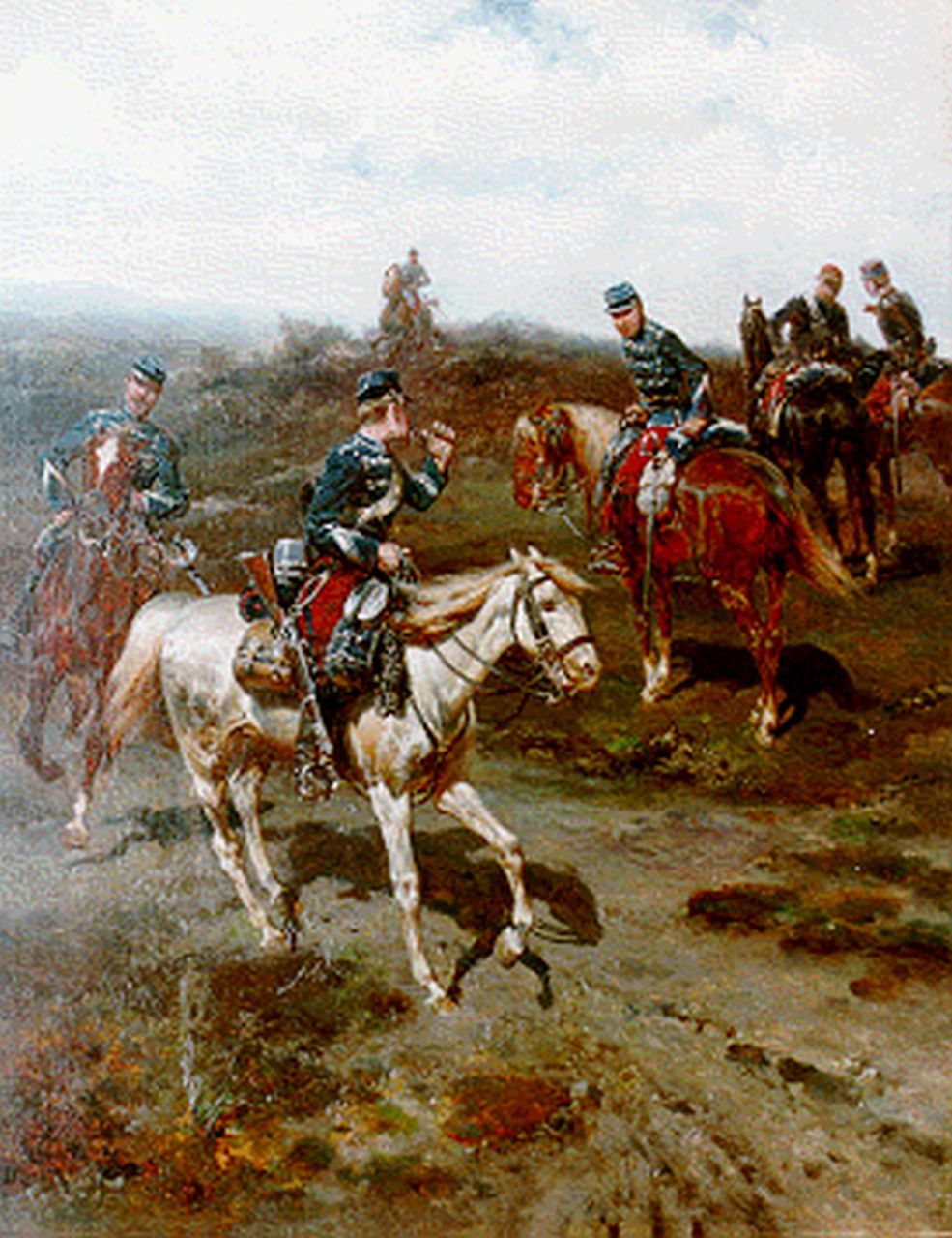Koekkoek H.W.  | Hermanus Willem Koekkoek, Militairen te paard op de hei, olieverf op paneel 46,0 x 36,3 cm, gesigneerd linksonder