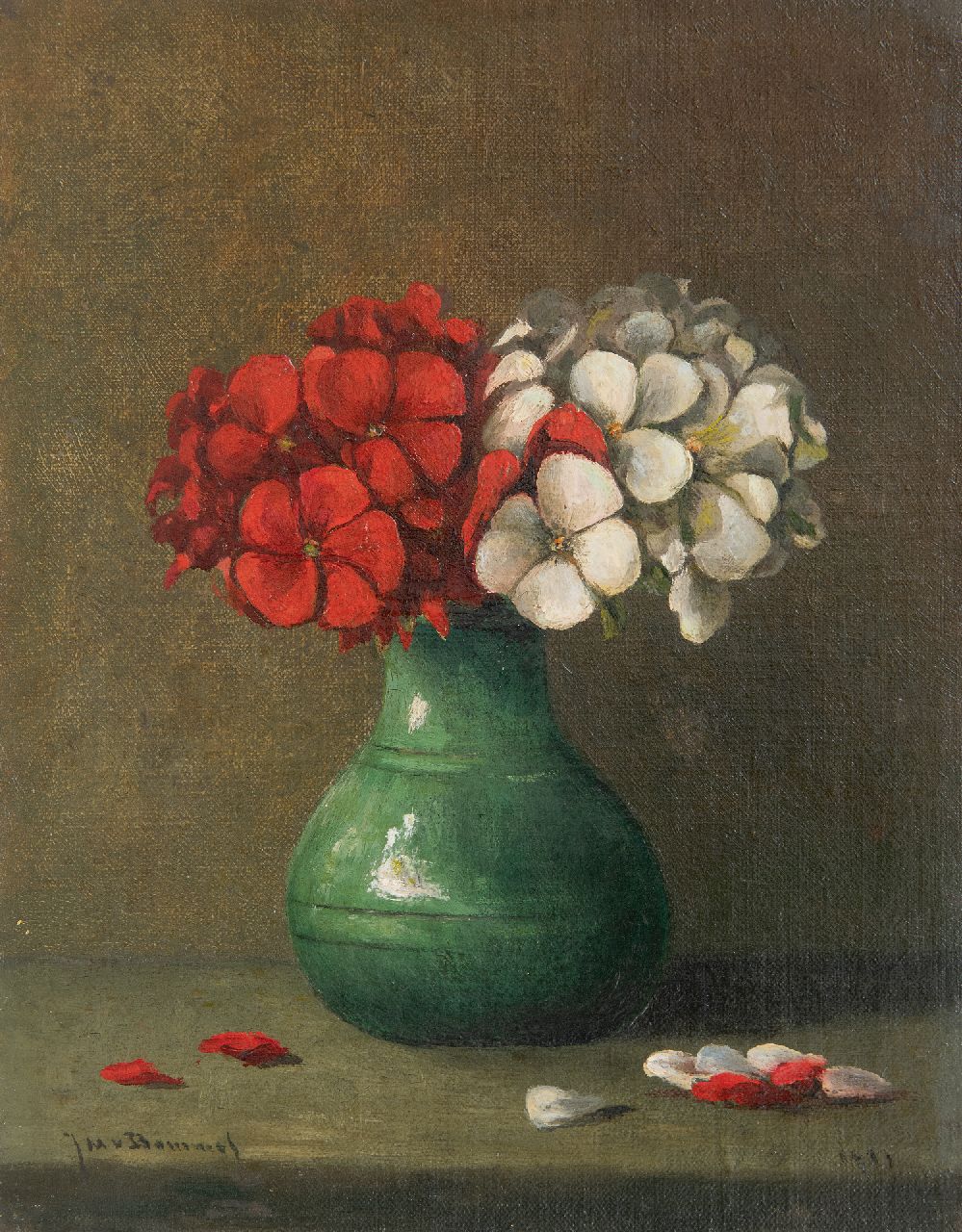Bommel J.M. van | Jacobus Marinus van Bommel, Rode en witte geranium in groen vaasje, olieverf op doek op paneel 23,0 x 18,1 cm, gesigneerd linksonder en gedateerd 1917