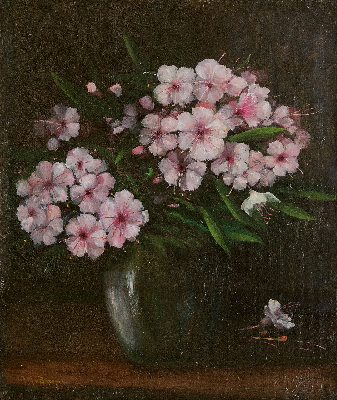 Bommel J.M. van | Jacobus Marinus van Bommel | Schilderijen te koop aangeboden | Rhododendrontakken in een vaas, olieverf op doek 38,2 x 33,3 cm, gesigneerd linksonder en op spieraam gedateerd 1932