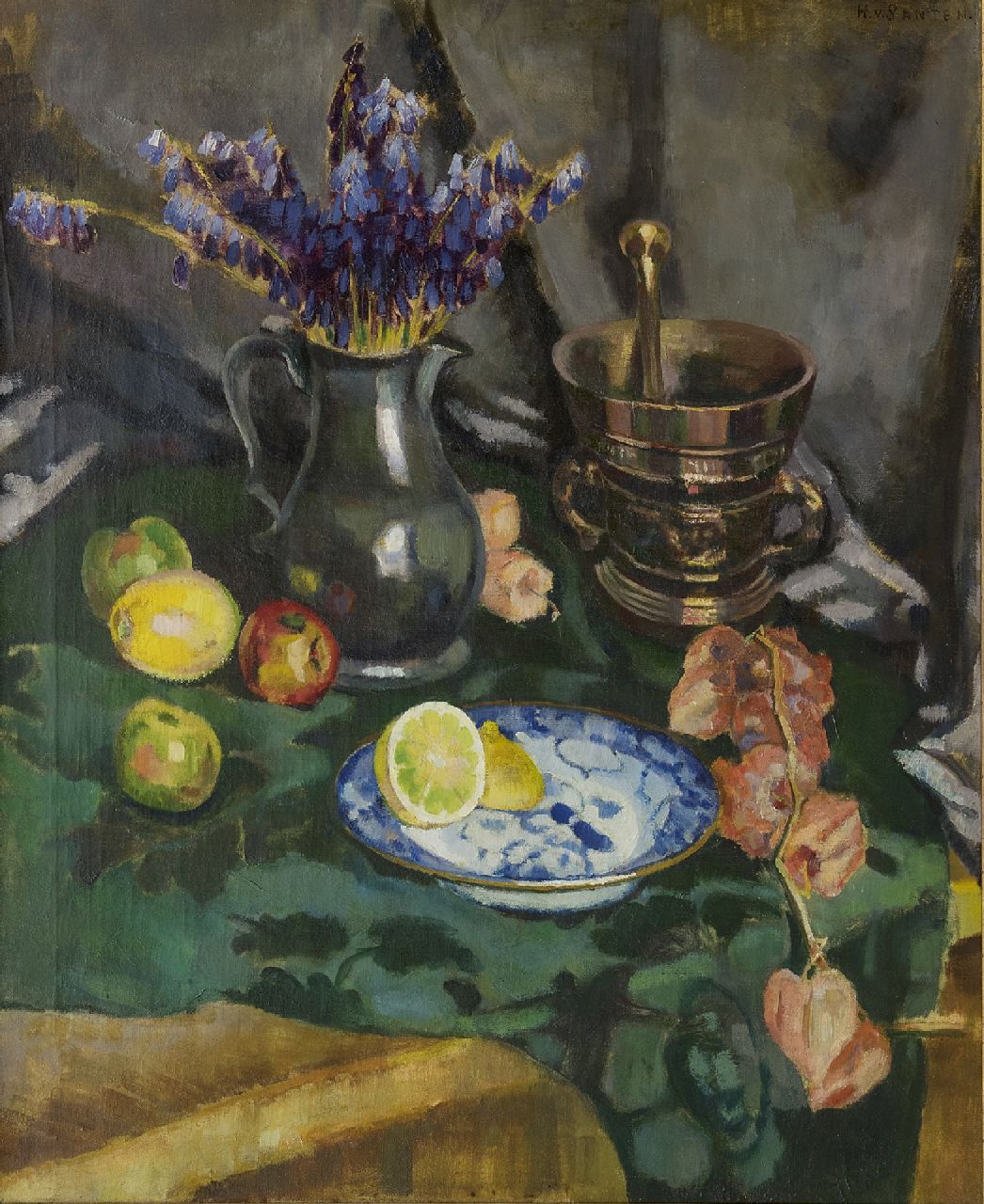 Santen A.J. van | Anna Jacoba 'Hans' van Santen, Stilleven met bloemen, citroen en vijzel, olieverf op doek 62,0 x 75,0 cm, gesigneerd rechtsboven