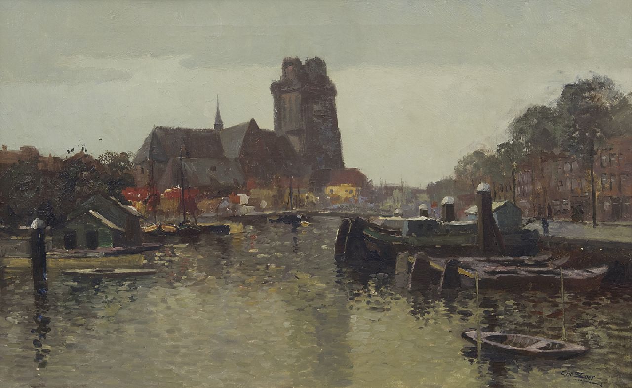 Soer C.  | Christiaan 'Chris' Soer, De Nieuwe Haven met de Grote Kerk, Dordrecht, olieverf op doek 38,5 x 60,5 cm, gesigneerd rechtsonder