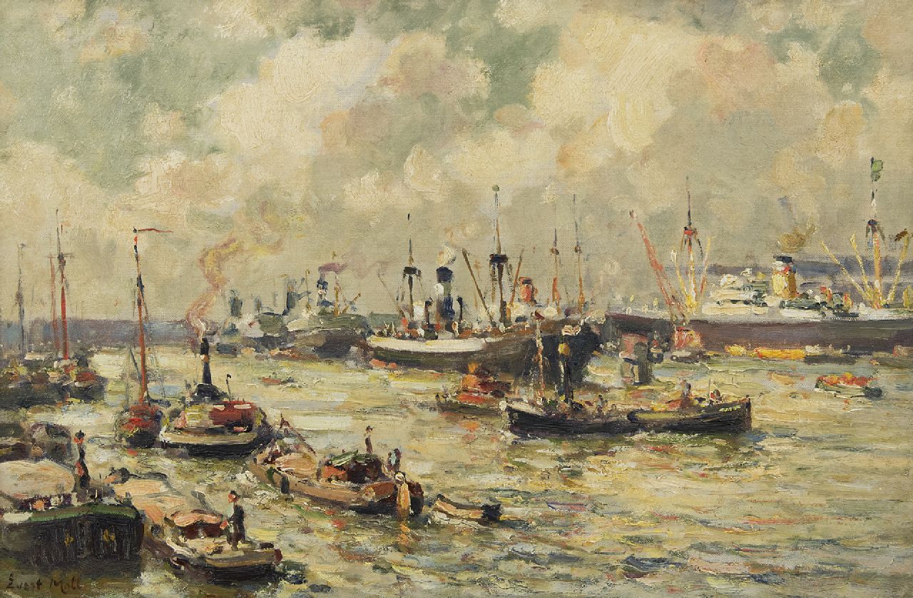 Moll E.  | Evert Moll | Schilderijen te koop aangeboden | Bedrijvigheid in de haven van Rotterdam, olieverf op doek 40,1 x 60,5 cm, gesigneerd linksonder