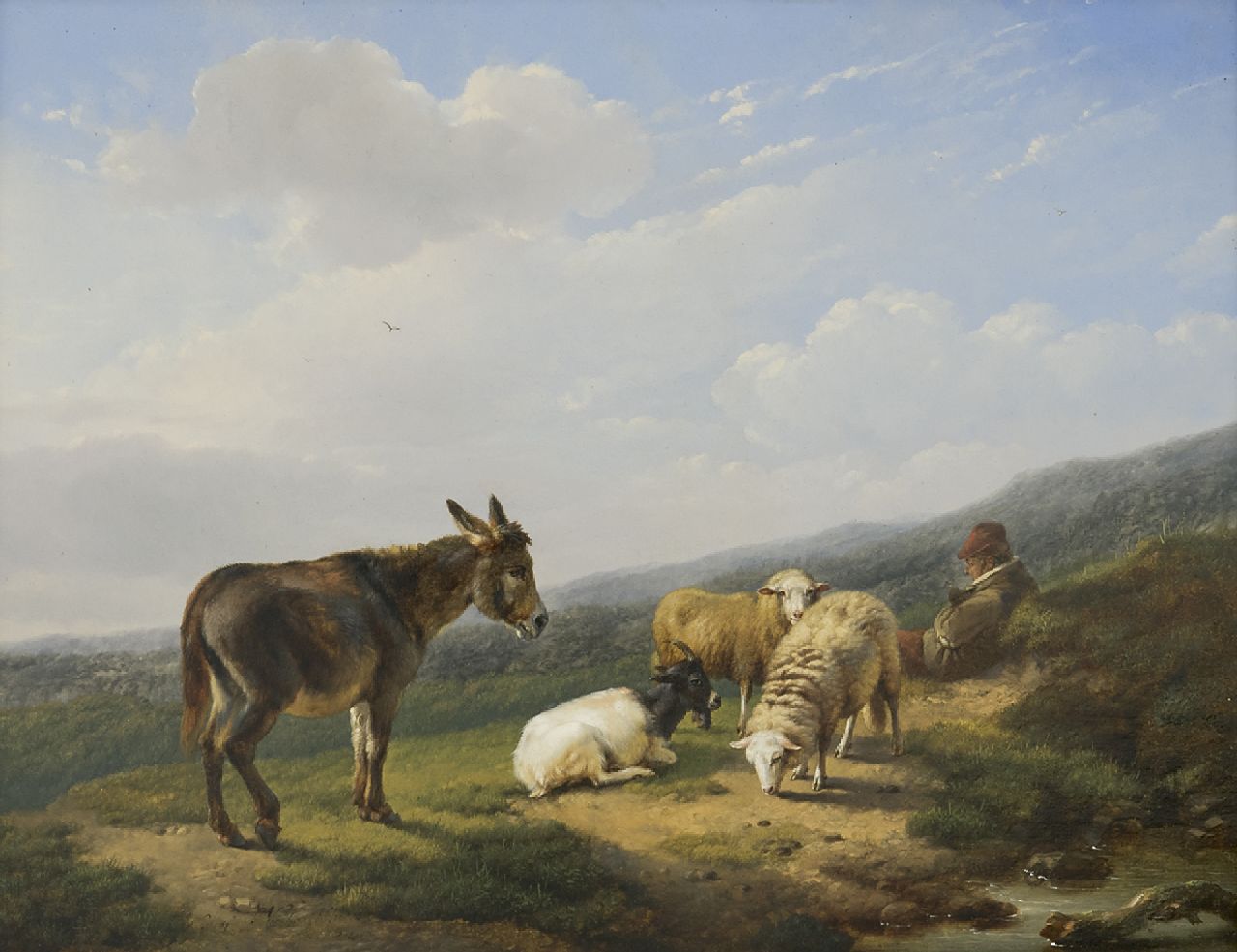 Verboeckhoven E.J.  | Eugène Joseph Verboeckhoven | Schilderijen te koop aangeboden | Rustende herder met schapen, bok en ezel, olieverf op paneel 24,7 x 32,2 cm, gesigneerd linksonder