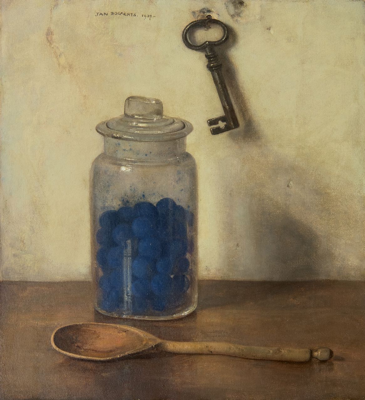 Bogaerts J.J.M.  | Johannes Jacobus Maria 'Jan' Bogaerts | Schilderijen te koop aangeboden | Glazen pot met blauwselbollen, olieverf op doek 36,0 x 32,9 cm, gesigneerd m.b. en gedateerd 1937