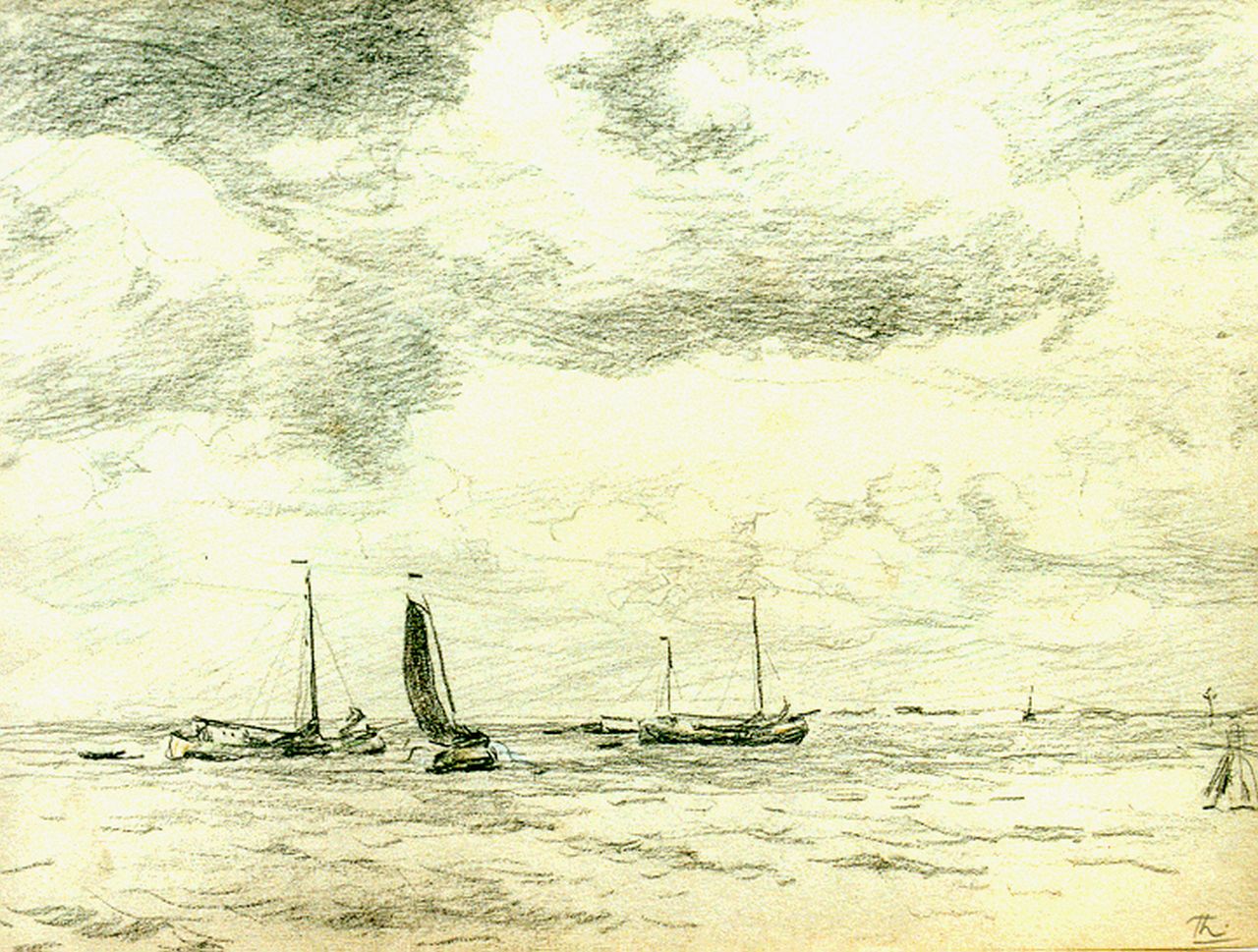 Tholen W.B.  | Willem Bastiaan Tholen, Zeilschepen op de Zuiderzee, potlood op papier 22,5 x 30,0 cm, gesigneerd rechtsonder initialen