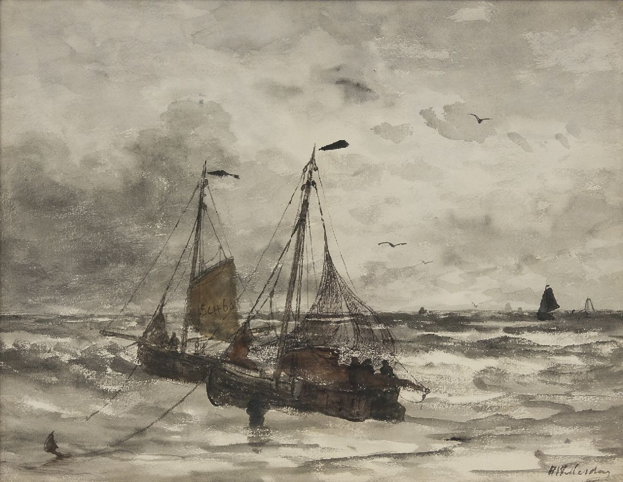 Mesdag H.W.  | Hendrik Willem Mesdag, Scheveningse vissersschuiten voor anker in de branding, aquarel op papier 45,0 x 57,7 cm, gesigneerd rechtsonder