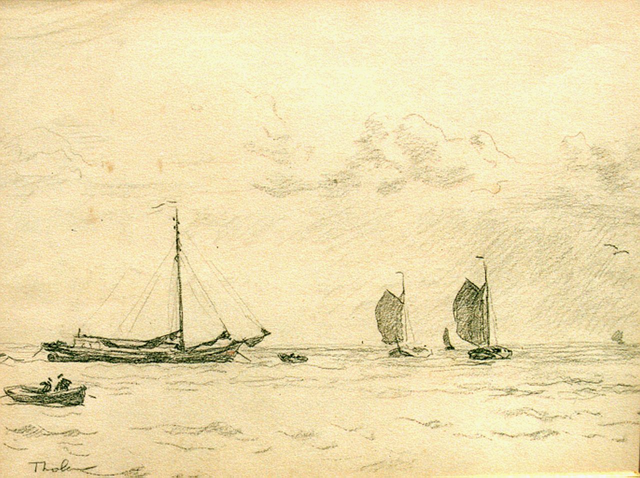 Tholen W.B.  | Willem Bastiaan Tholen, Zeilschepen en roeiboot op de Zuiderzee, potlood op papier 22,5 x 30,0 cm, gesigneerd linksonder 