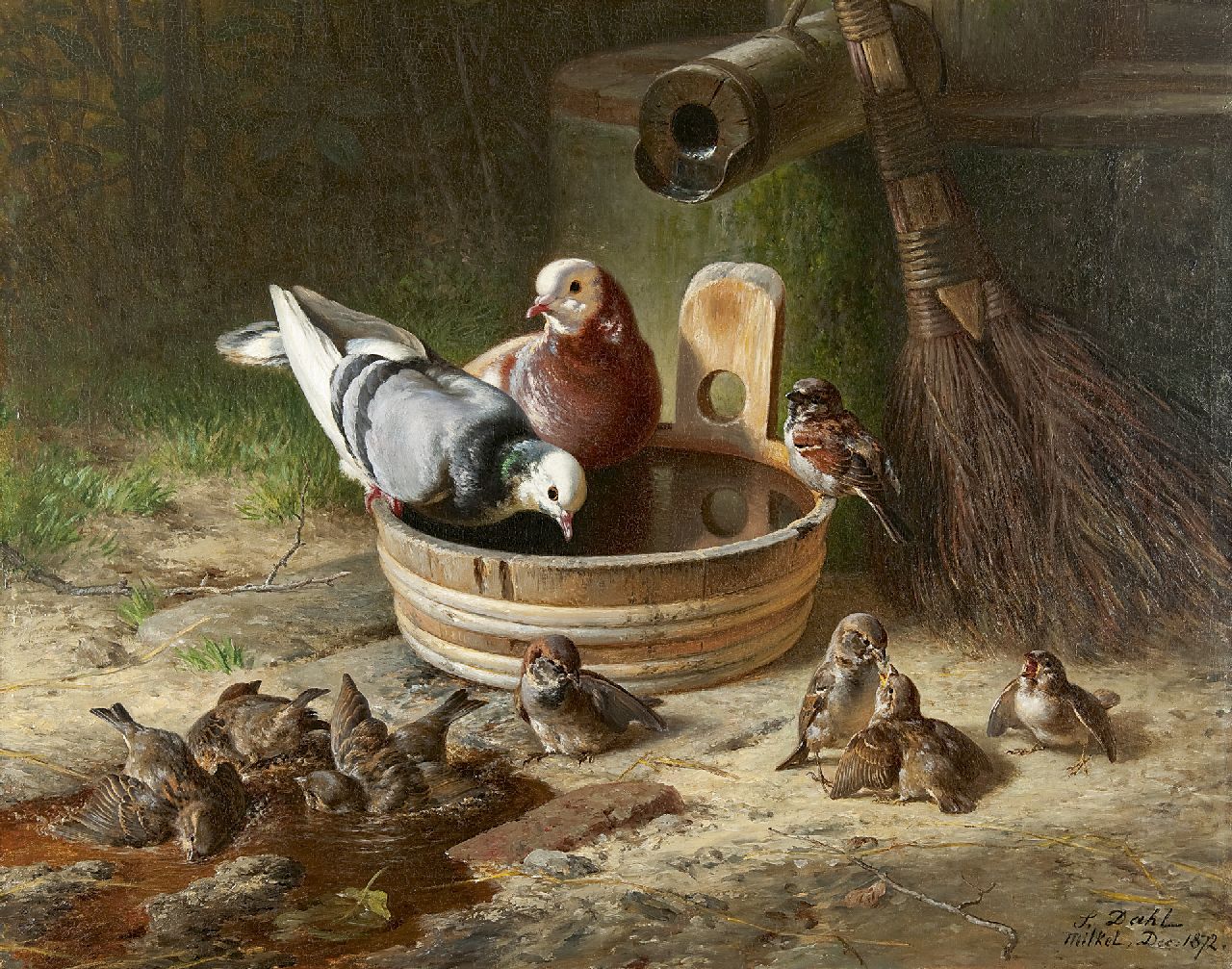 Hans Dahl | Duiven en mussen bij een drinkbak, olieverf op doek, 70,7 x 90,0 cm, gesigneerd r.o. en gedateerd 'Milkel' Dec. 1872