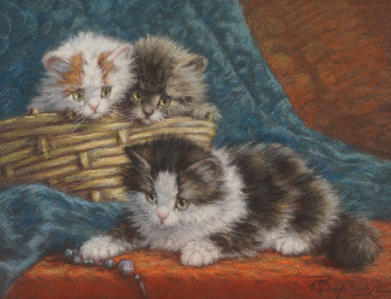 Raaphorst C. | Cornelis Raaphorst, Drie kittens spelend met een kralenketting, pastel op papier op schildersboard 24,4 x 30,9 cm, gesigneerd rechtsonder Raaphorst C. | Cornelis Raaphorst, Drie kittens spelend met een kralenketting, pastel op papier op schildersboard 24,4 x 30,9 cm, gesigneerd rechtsonder