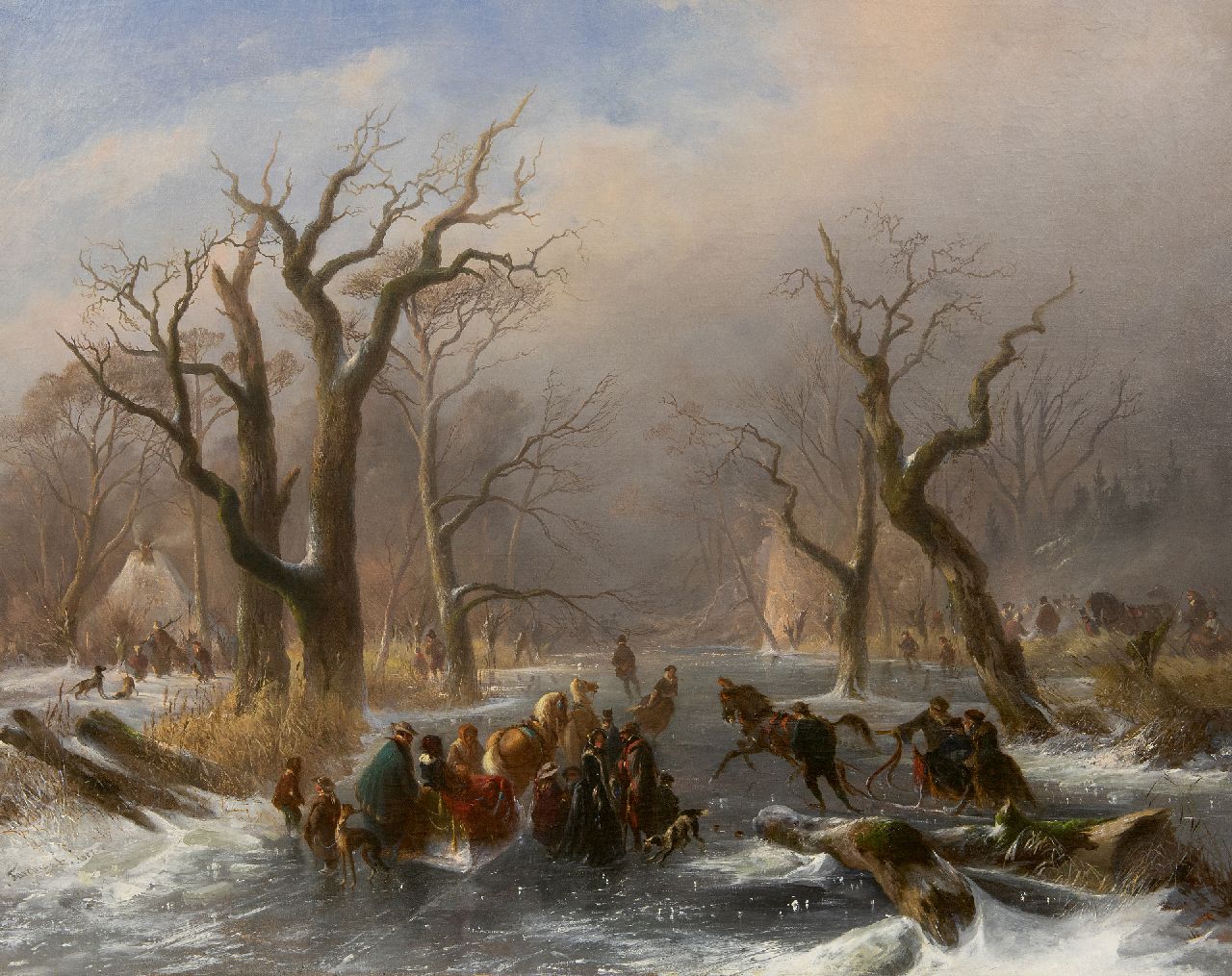 Tavenraat J.  | Johannes Tavenraat, Schaatsers en arrenslede op een bevroren bosbeek bij Kleef, olieverf op doek 76,1 x 94,2 cm, gesigneerd linksonder en gedateerd 1857