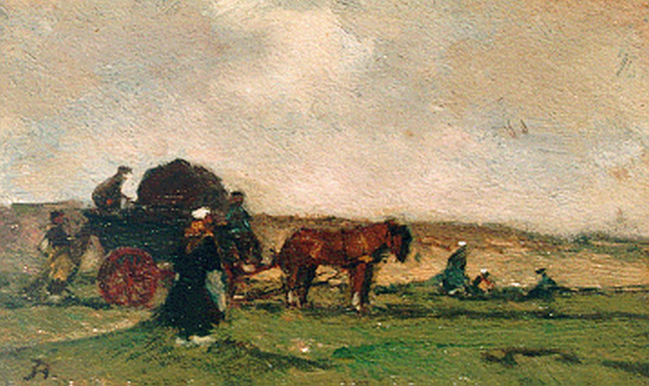 Akkeringa J.E.H.  | 'Johannes Evert' Hendrik Akkeringa, Nettenboeters achter de duinen, olieverf op paneel 7,5 x 12,6 cm, gesigneerd linksonder mon