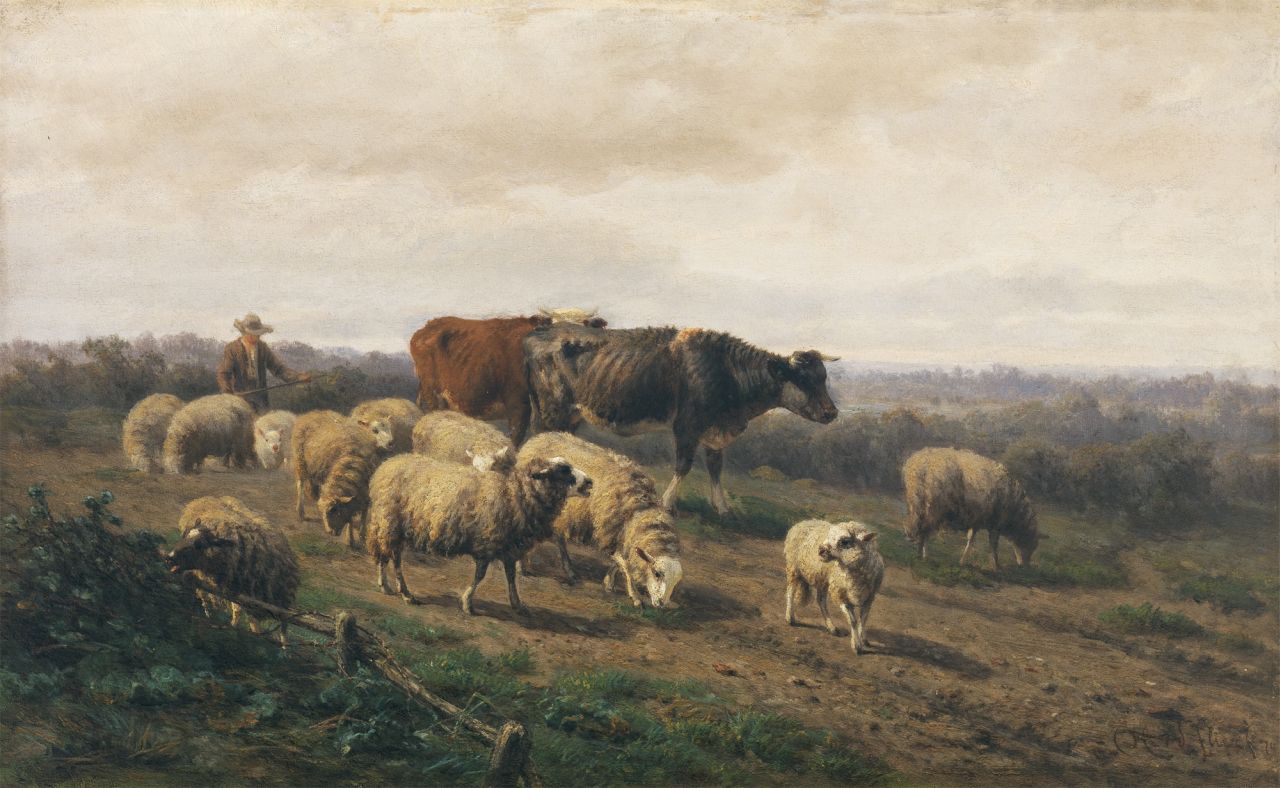 Helmert Richard van der Flier | Herder met vee, olieverf op paneel, 31,0 x 50,2 cm, gesigneerd r.o. en gedateerd '70