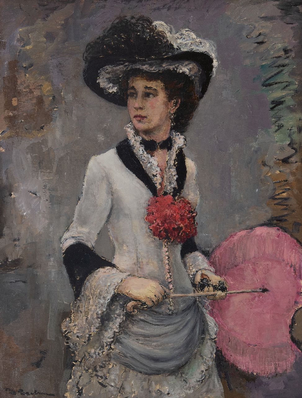 Rezelman P.D.  | Pieter Dirk 'Piet' Rezelman | Schilderijen te koop aangeboden | Elegante dame met hoed, olieverf op paneel 67,4 x 52,0 cm, gesigneerd linksonder