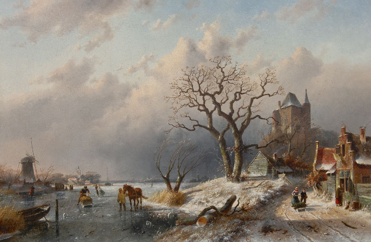 Leickert C.H.J.  | 'Charles' Henri Joseph Leickert, Winterlandschap met schaatsers en landvolk op een pad, olieverf op doek 80,0 x 120,8 cm, gesigneerd linksonder