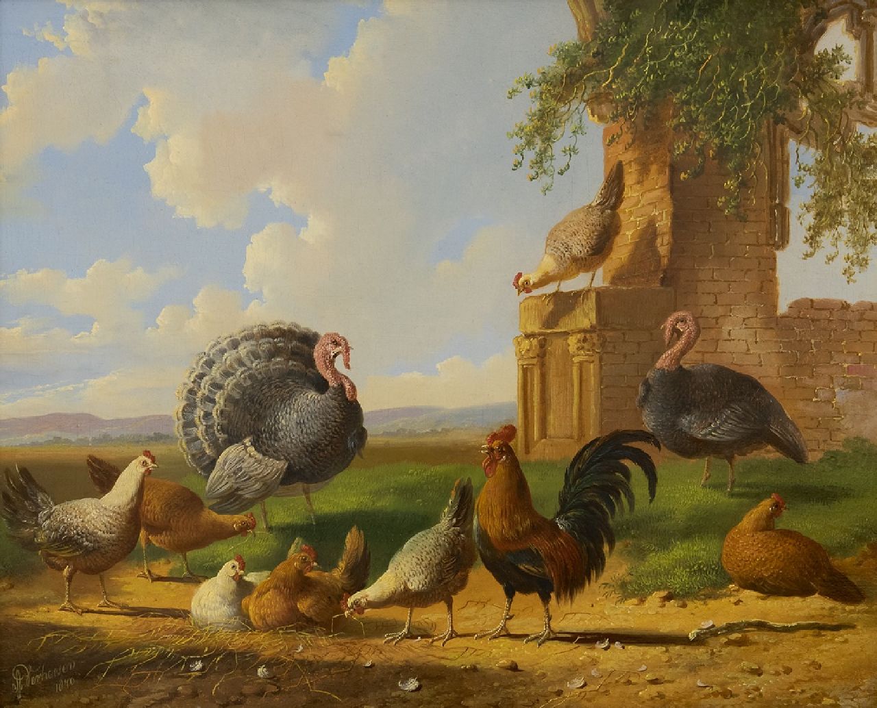 Verhoesen A.  | Albertus Verhoesen | Schilderijen te koop aangeboden | Kalkoenen en pluimvee in een landschap, olieverf op paneel 30,5 x 37,6 cm, gesigneerd linksonder en gedateerd 1870