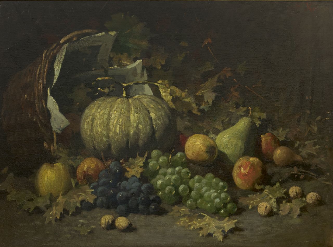 Kriens O.G.A.  | 'Otto' Gustav Adolf Kriens | Schilderijen te koop aangeboden | Vruchten in een mand op de bosgrond, olieverf op doek 54,4 x 73,0 cm, gesigneerd rechtsboven