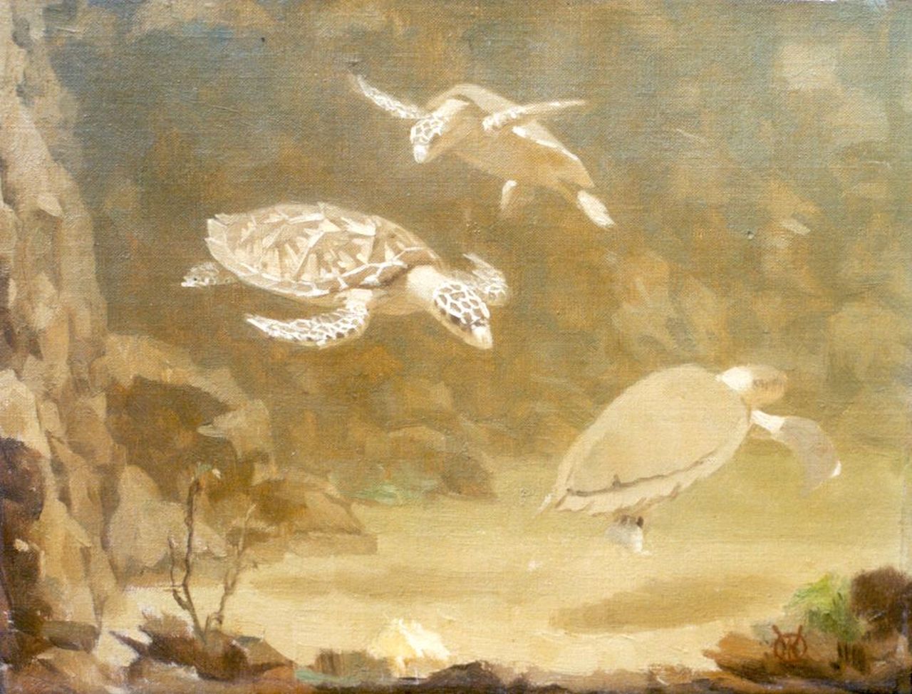Dijsselhof G.W.  | Gerrit Willem Dijsselhof | Schilderijen te koop aangeboden | Schildpadjes, olieverf op doek 20,5 x 26,5 cm, gesigneerd rechtsonder monogram