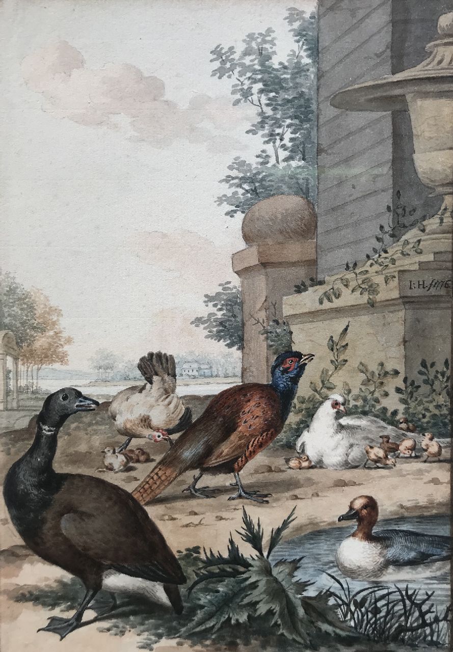 Heenck J.  | Jabez Heenck | Aquarellen en tekeningen te koop aangeboden | Een Tafeleend en andere vogels in een parklandschap, aquarel op papier 26,5 x 18,1 cm, gesigneerd rechts van het midden met monogram en gedateerd 1776