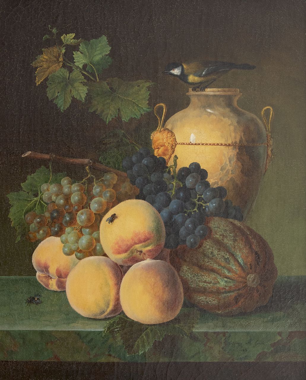 Olympe Mouette Génin | Stilleven met perziken, kruik en vogeltje, olieverf op doek, 49,0 x 39,9 cm, gesigneerd r.o. en gedateerd 1818