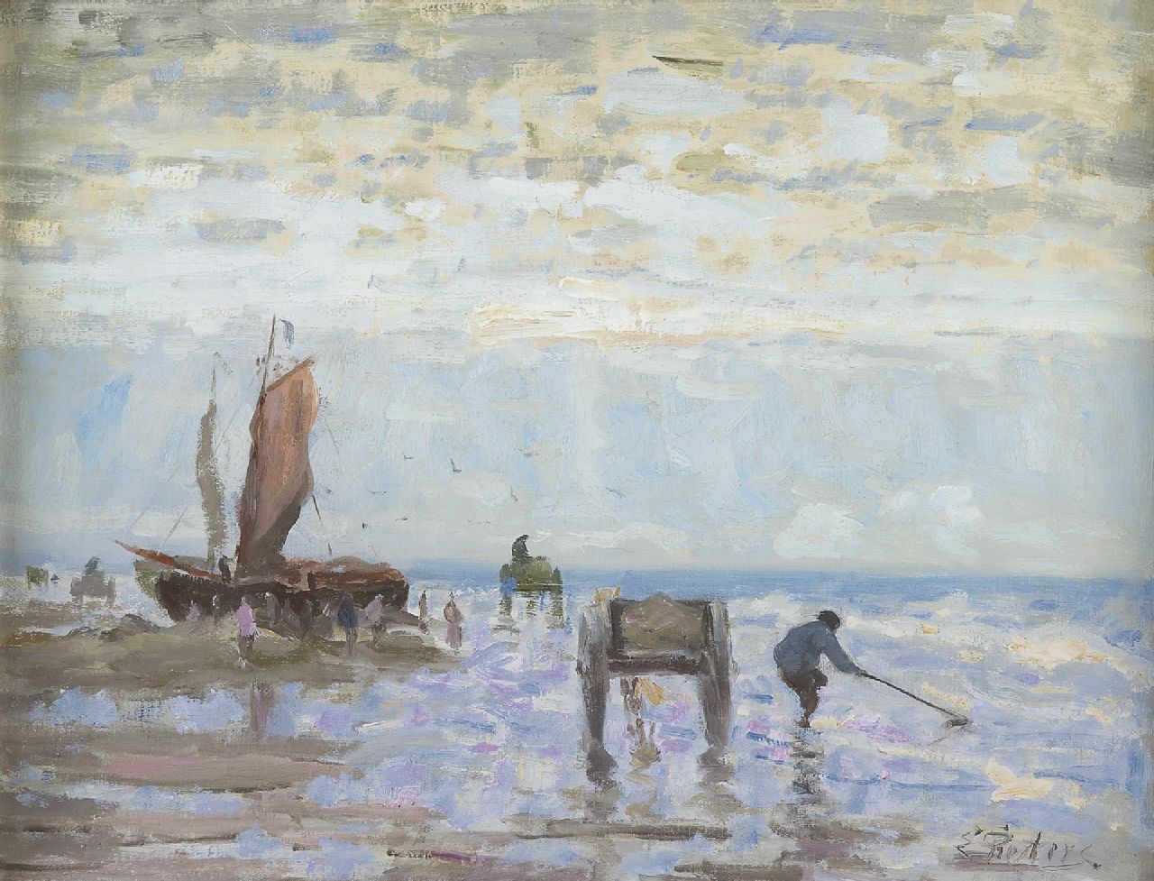 Pieters E.  | Evert Pieters, Schelpenvissers, Katwijk, olieverf op doek 37,4 x 49,5 cm, gesigneerd rechtsonder en te dateren tussen 1900-1910.