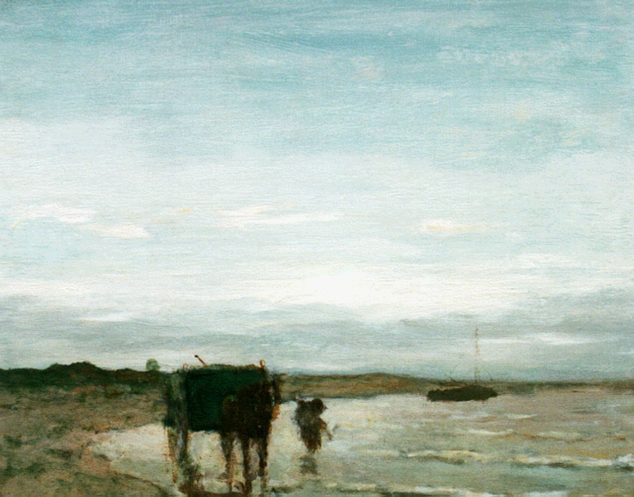 Weissenbruch H.J.  | Hendrik Johannes 'J.H.' Weissenbruch, Schelpenvisser aan de kustlijn, olieverf op doek 37,5 x 46,0 cm, gesigneerd linksonder
