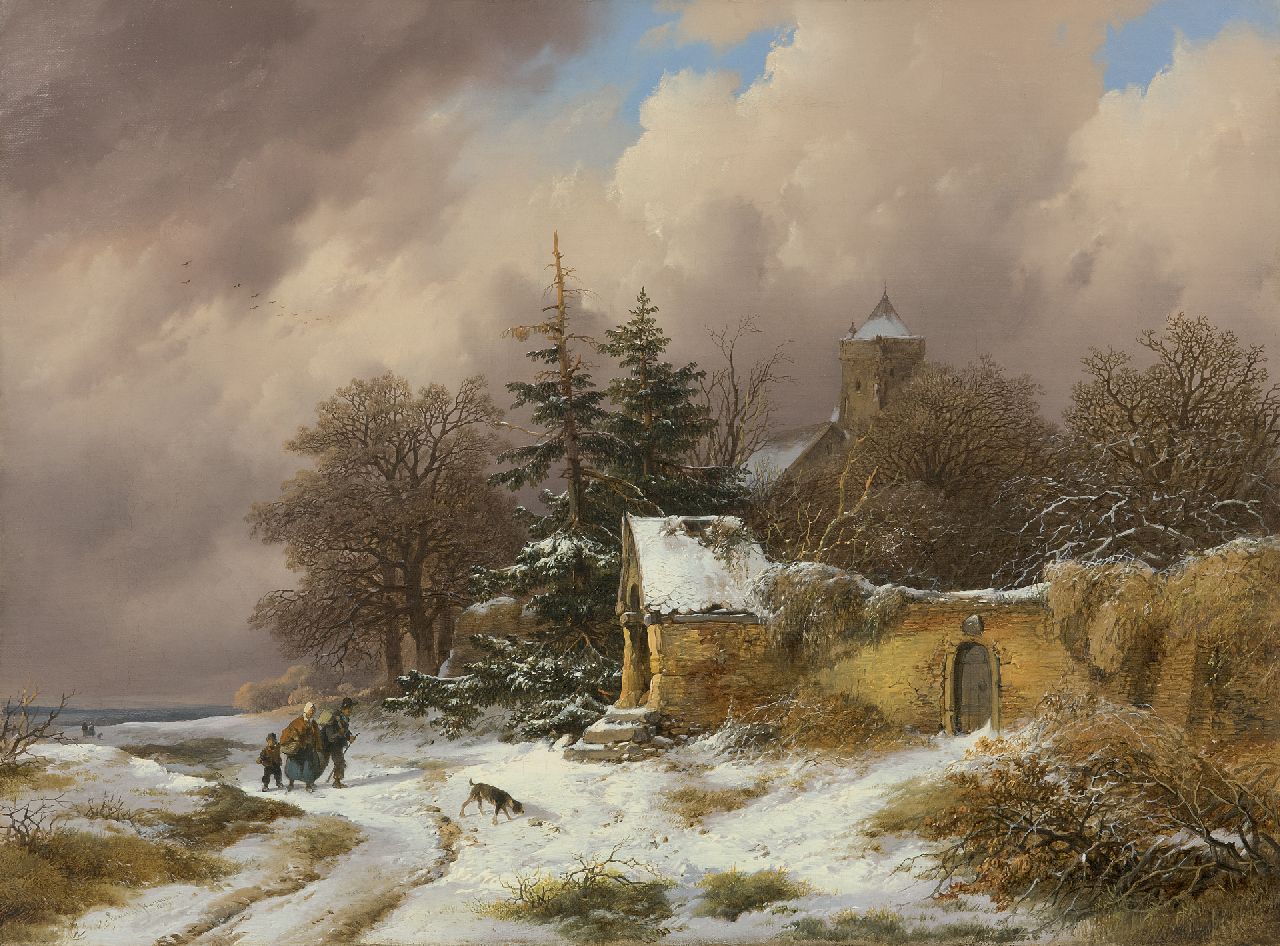 Haanen R.A.  | Remigius Adrianus Haanen | Schilderijen te koop aangeboden | Winterlandschap met landvolk op een pad, olieverf op doek 36,3 x 49,3 cm, gesigneerd linksonder en gedateerd 1849