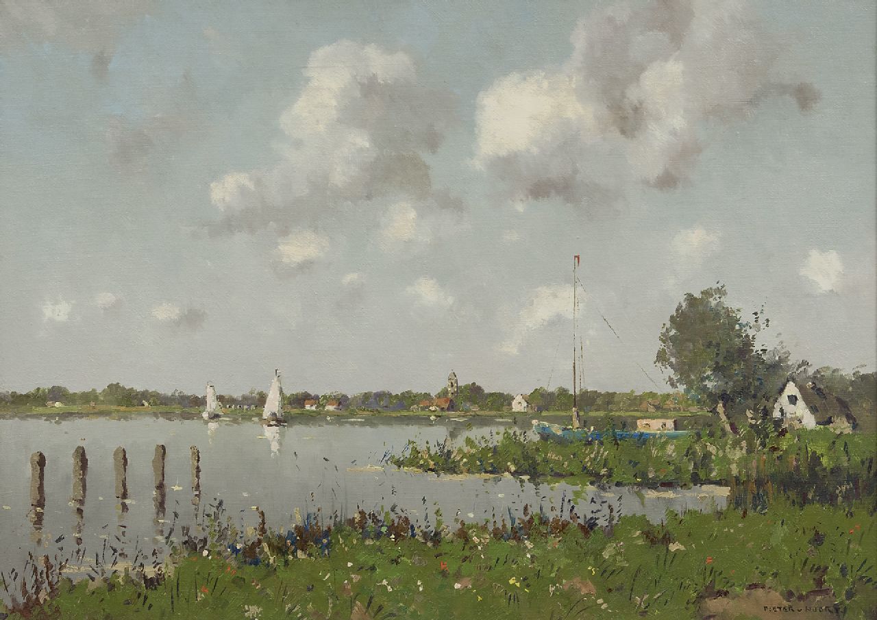 Bruynesteyn N. | Nicolaas 'Nico' Bruynesteyn, Zeilboten in zomers rivierlandschap, olieverf op doek 51,0 x 70,7 cm, gesigneerd rechtsonder met pseudoniem 'Pieter van Noort' en te dateren ca. 1940 Bruynesteyn N. | Nicolaas 'Nico' Bruynesteyn, Zeilboten in zomers rivierlandschap, olieverf op doek 51,0 x 70,7 cm, gesigneerd rechtsonder met pseudoniem 'Pieter van Noort' en te dateren ca. 1940