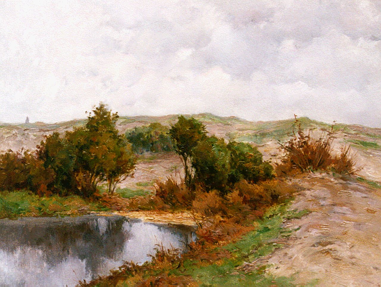 Miolée A.  | Adrianus 'Adriaan' Miolée, Vennetje in zomerlandschap, olieverf op schilderskarton 40,0 x 49,7 cm, gesigneerd rechtsonder