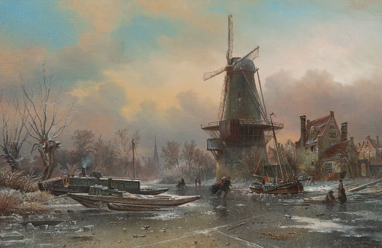Bommel E.P. van | Elias Pieter van Bommel, Schaatsers op een bevroren dorpsvaart bij een molen, olieverf op doek 50,1 x 76,1 cm, gesigneerd rechtsonder en gedateerd 1870 Bommel E.P. van | Elias Pieter van Bommel, Schaatsers op een bevroren dorpsvaart bij een molen, olieverf op doek 50,1 x 76,1 cm, gesigneerd rechtsonder en gedateerd 1870