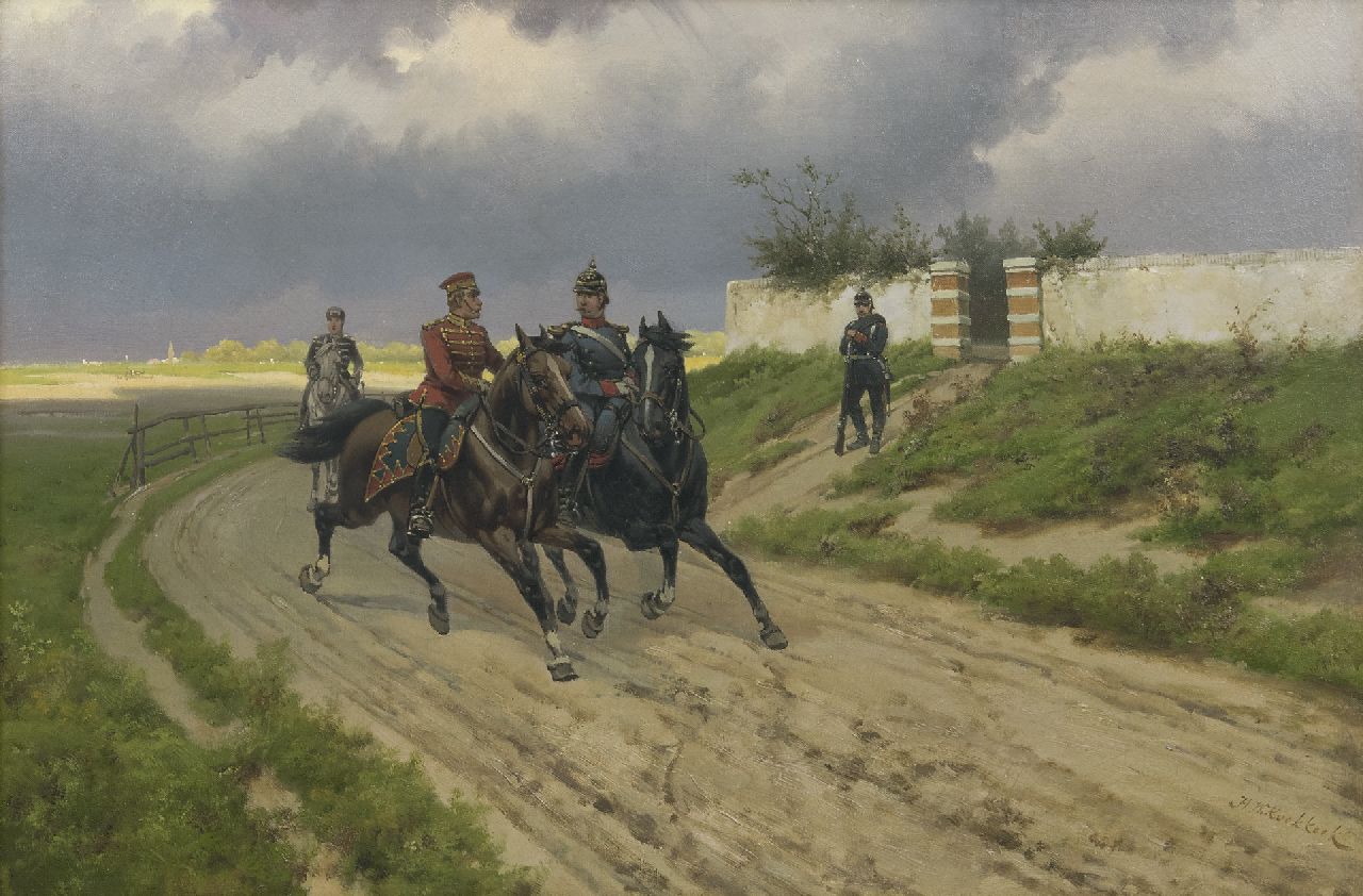 Hermanus Willem Koekkoek | Pruisische cavaleristen te paard, olieverf op doek, 40,3 x 60,4 cm, gesigneerd r.o. en te dateren 1890