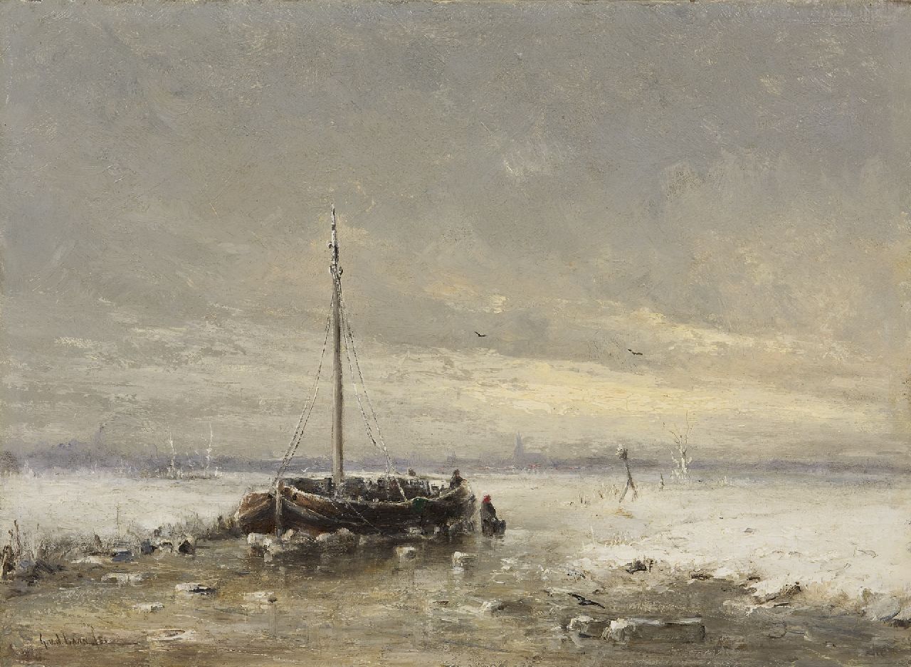Gerard van der Laan | Ingevroren beurtschip, olieverf op paneel, 31,1 x 42,5 cm, gesigneerd l.o.