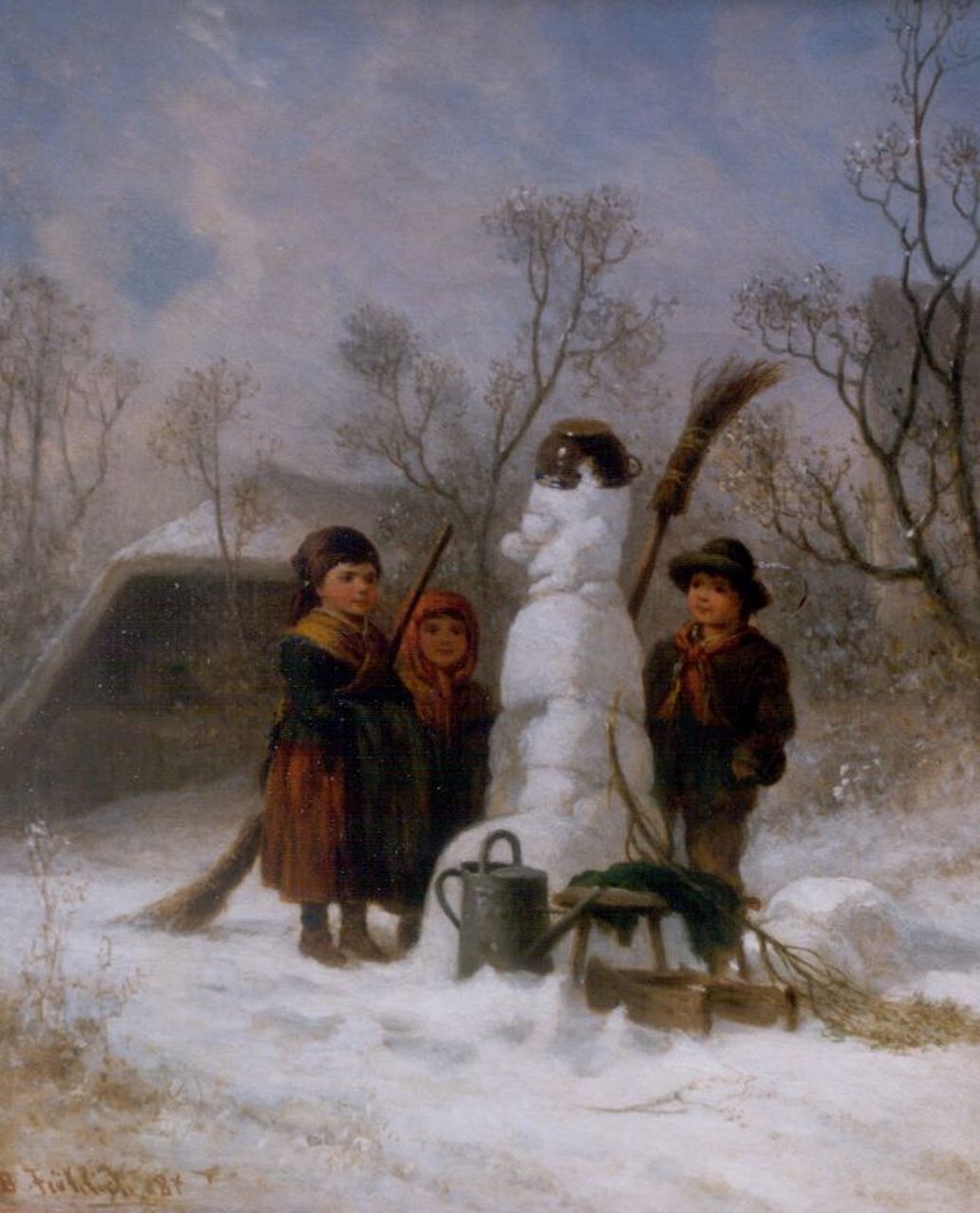Fröhlich B.  | Bernhard Fröhlich, Bewondering voor de mooie sneeuwman, olieverf op doek 26,0 x 21,4 cm, gedateerd '84