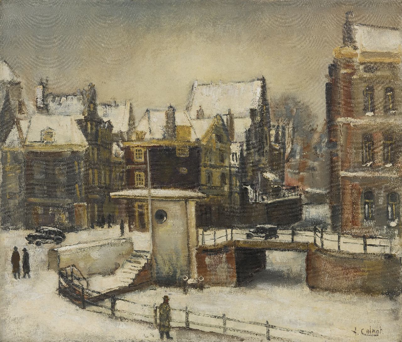 Colnot A.J.G.  | 'Arnout' Jacobus Gustaaf Colnot, Het Rokin in Amsterdam vanuit Arti gezien, winter 1940-1941, olieverf op doek 55,4 x 65,3 cm, gesigneerd rechtsonder