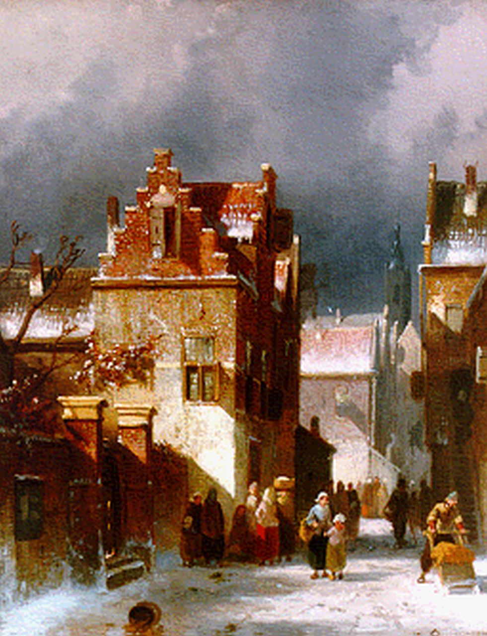 Leickert C.H.J.  | 'Charles' Henri Joseph Leickert, Stadsgezicht in de winter, olieverf op paneel 27,0 x 20,0 cm, gesigneerd rechtsonder