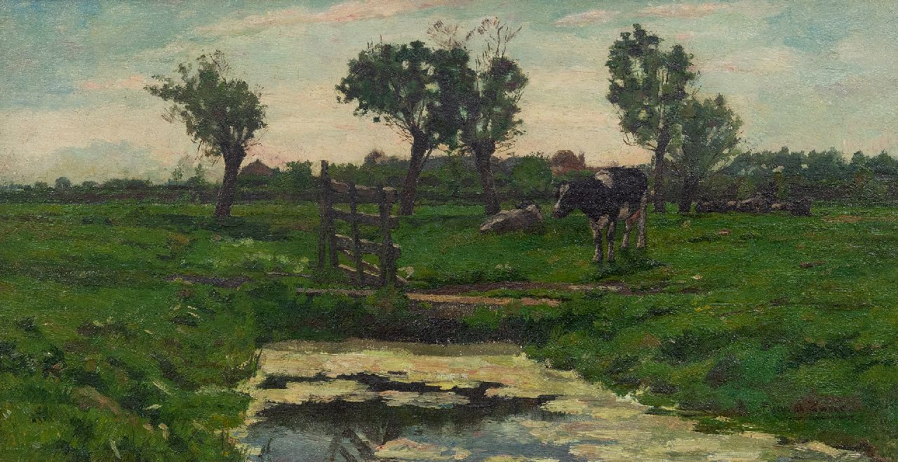 Zwart P. de | Pieter 'Piet' de Zwart | Schilderijen te koop aangeboden | Koeien bij een hek, olieverf op doek 33,3 x 61,3 cm, gesigneerd rechtsonder
