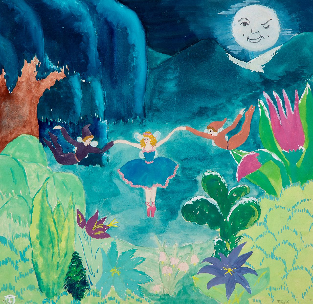 Oranje-Nassau (Prinses Beatrix) B.W.A. van | Beatrix Wilhelmina Armgard van Oranje-Nassau (Prinses Beatrix), Sprookjestafereel, aquarel en gouache op papier 32,0 x 33,0 cm, gesigneerd rechtsonder en linksonder met monogram en te dateren ca. 1950