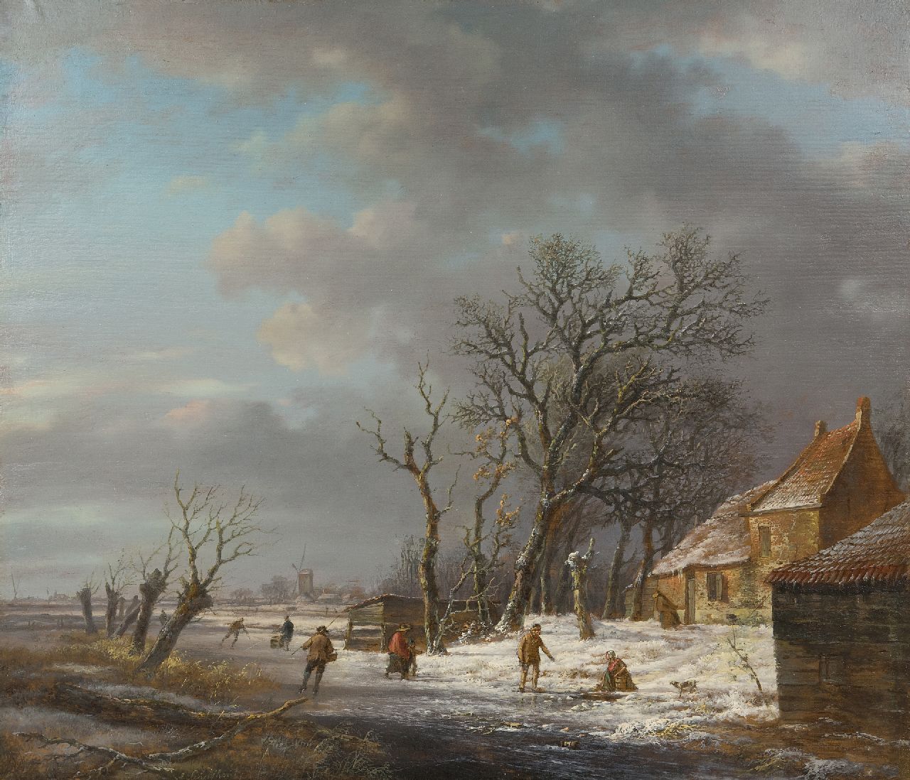 Schelfhout A. | Andreas Schelfhout, Winterlandschap met schaatsers en een wasvrouw bij een ijsgat, olieverf op paneel 37,0 x 43,1 cm, gesigneerd linksonder en te dateren ca. 1820 Schelfhout A. | Andreas Schelfhout, Winterlandschap met schaatsers en een wasvrouw bij een ijsgat, olieverf op paneel 37,0 x 43,1 cm, gesigneerd linksonder en te dateren ca. 1820
