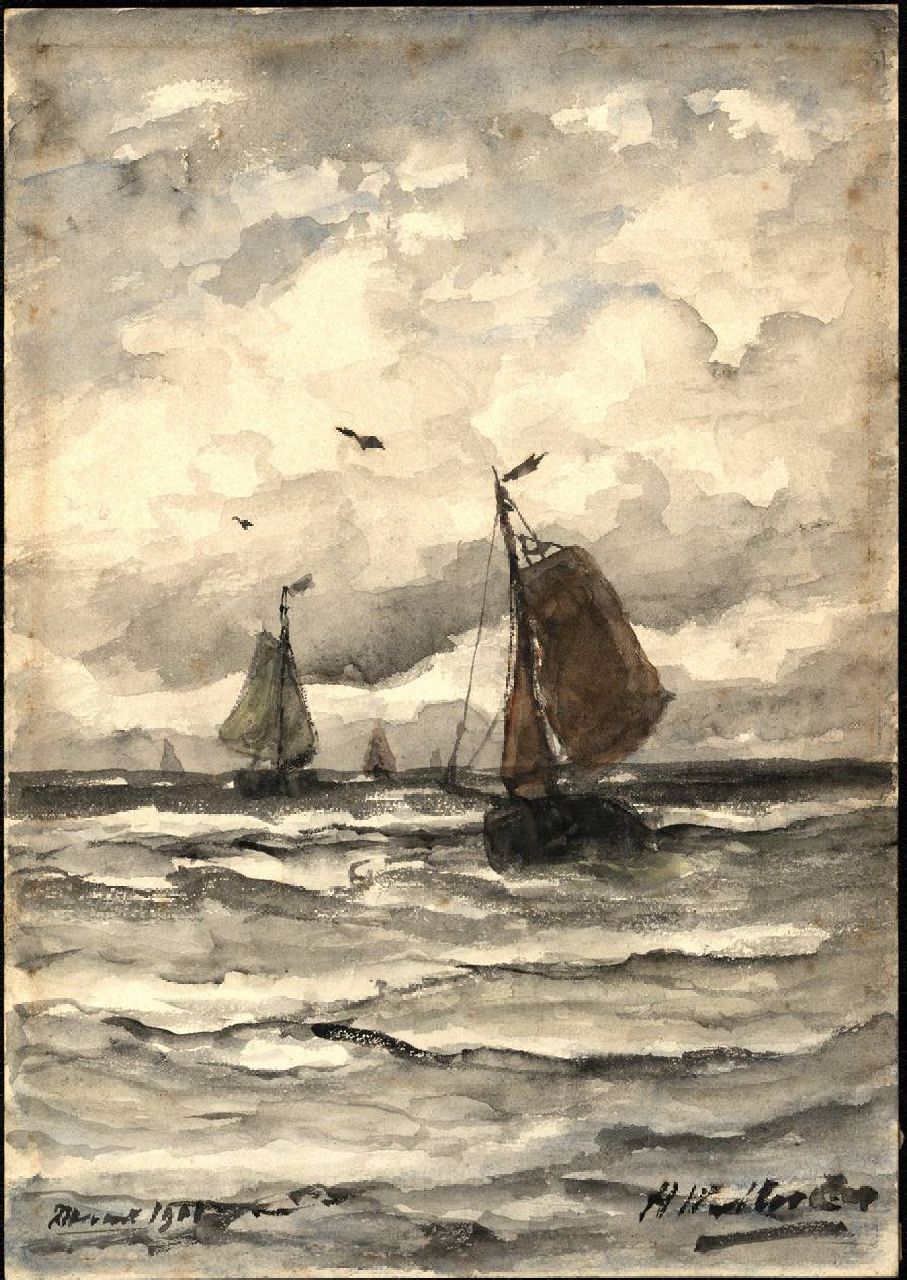 Mesdag H.W.  | Hendrik Willem Mesdag, Vissersschuiten op zee, aquarel op schildersboard 26,6 x 18,7 cm, gesigneerd rechtsonder en l.o.: 'Avond' 1901