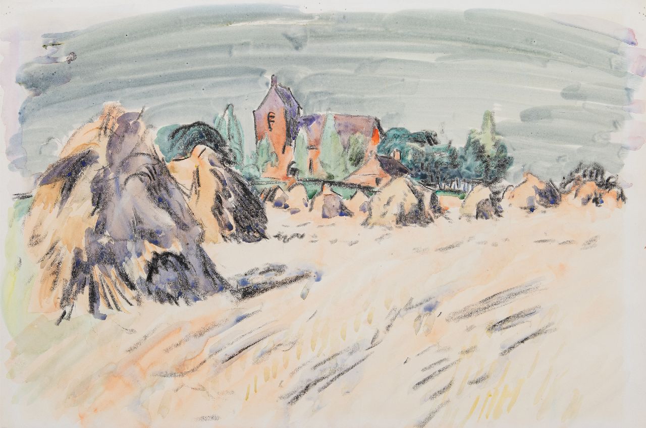 Altink J.  | Jan Altink, Zomerlandschap met het kerkje van Oostum, krijt en aquarel op papier 41,2 x 59,7 cm