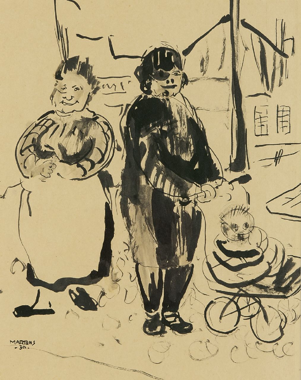 Martens G.G.  | Gijsbert 'George' Martens | Aquarellen en tekeningen te koop aangeboden | Vrouwen bij een kinderwagen, inkt op papier 26,0 x 21,2 cm, gesigneerd linksonder en gedateerd '34