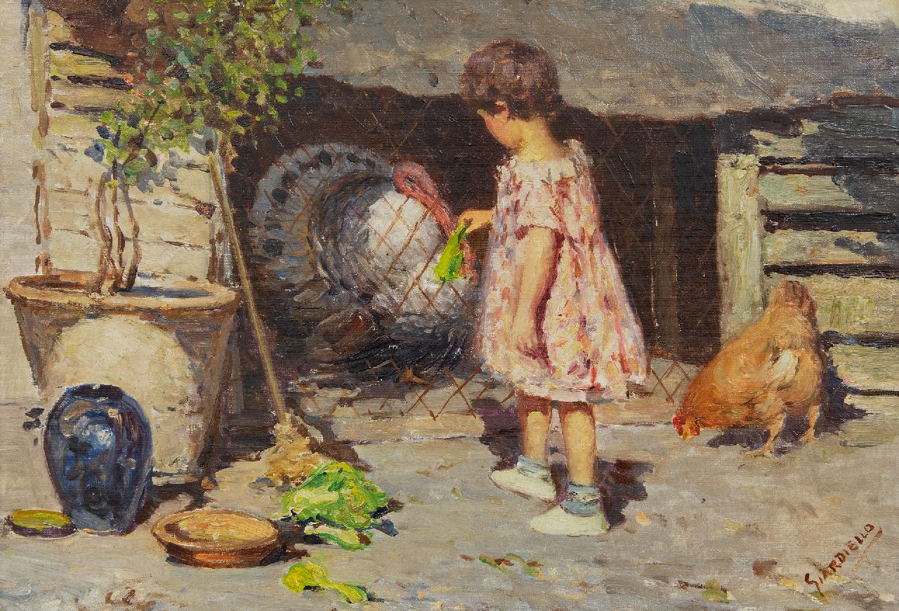 Giardiello G.  | Giuseppe Giardiello, Meisje met kalkoen, olieverf op doek 34,5 x 50,5 cm, gesigneerd rechtsonder