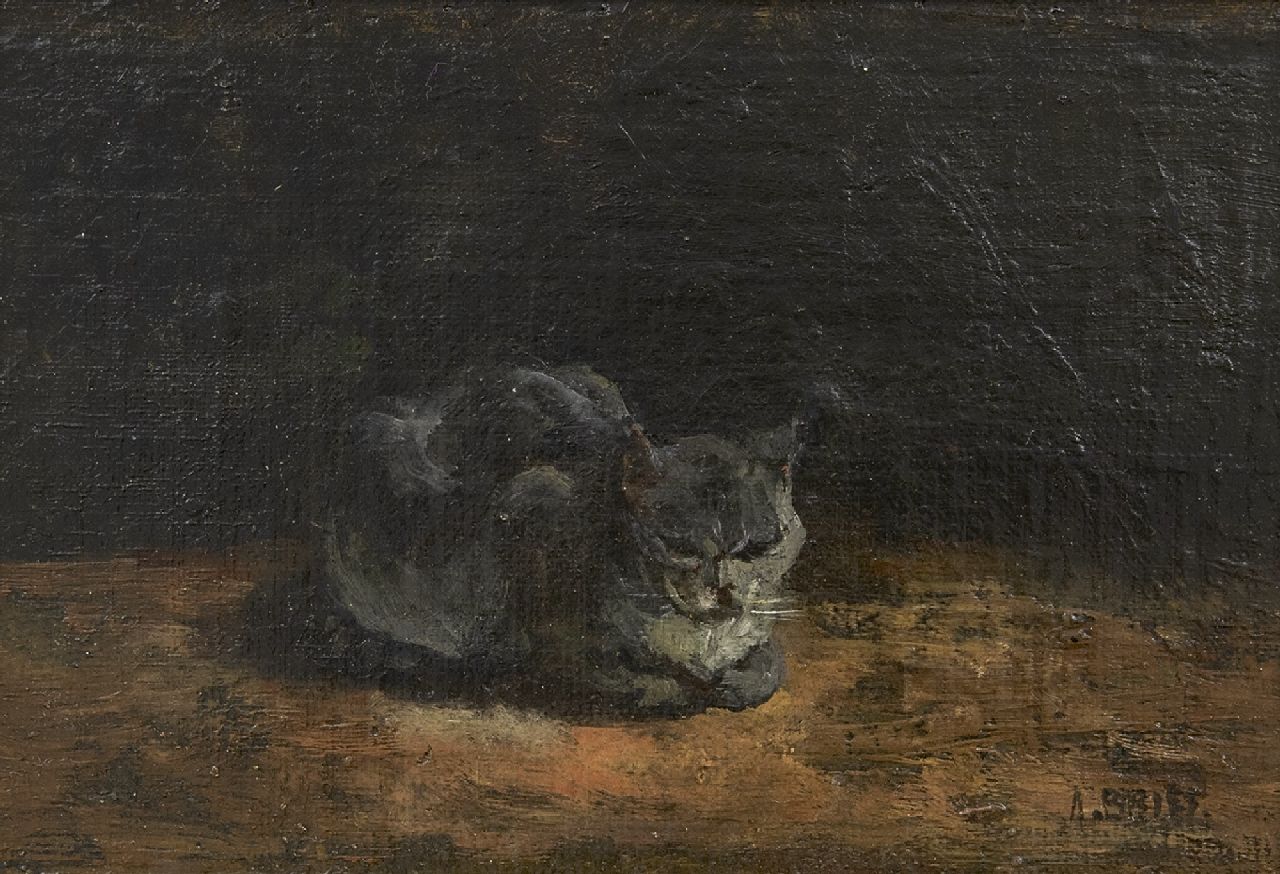 Briët A.H.C.  | 'Arthur' Henri Christiaan Briët, Slapende grijze kat, olieverf op doek op paneel 13,0 x 20,8 cm, gesigneerd rechtsonder