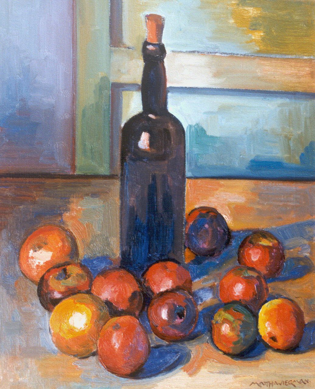 Wiegman M.J.M.  | Mattheus Johannes Marie 'Matthieu' Wiegman, Stilleven met flessen en appels, olieverf op doek 61,0 x 50,0 cm, gesigneerd rechtsonder
