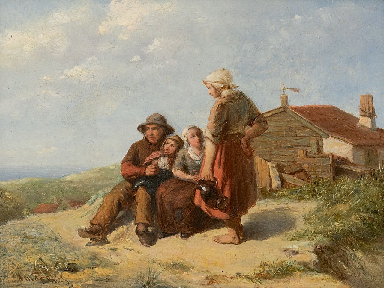 Johannes Martinus de Bus | Vissersfamilie in de duinen, olieverf op paneel, 12,7 x 16,6 cm, gesigneerd l.o.